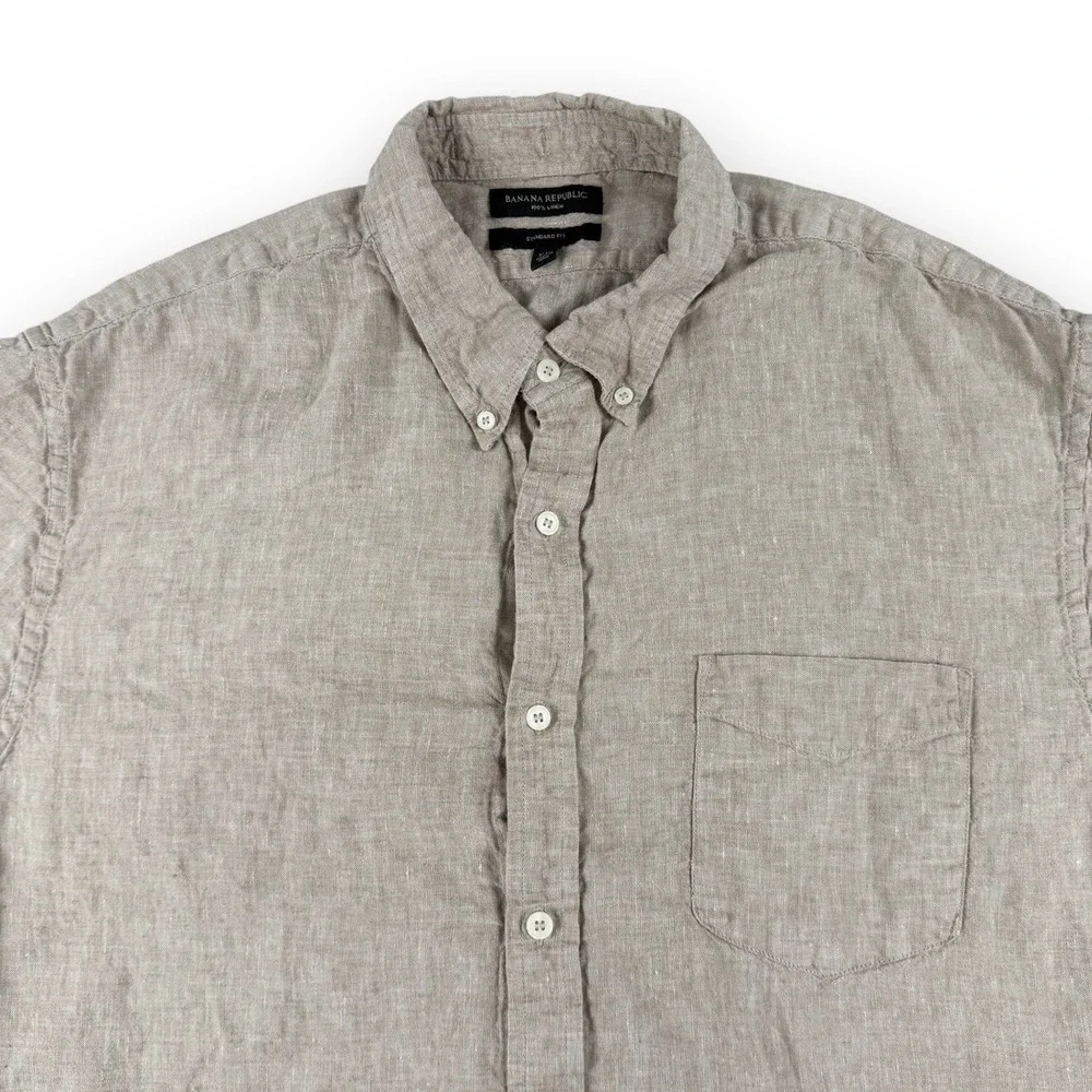 Banana Republic Shirt Mens XXL Tan Linen Button Down Short Sleeve Standard Fit‎
